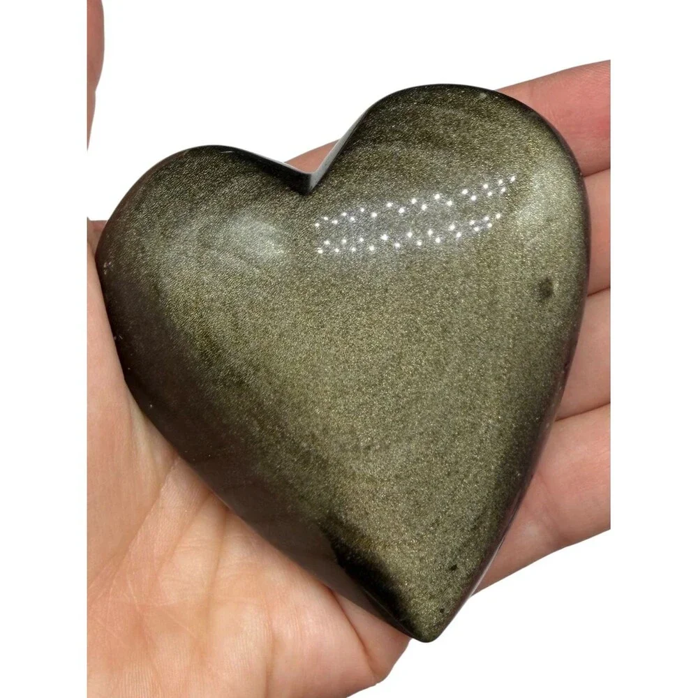 Gold Sheen Black Obsidian Heart Shaped Crystal Stone Puffy Carved Carving